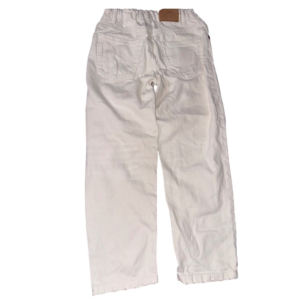 Zara Kids White Denim Elastic Waist Straight Leg Jeans Distressed Size 10